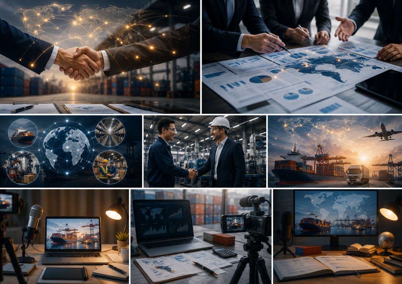 Executive trade desk with global logistics visuals