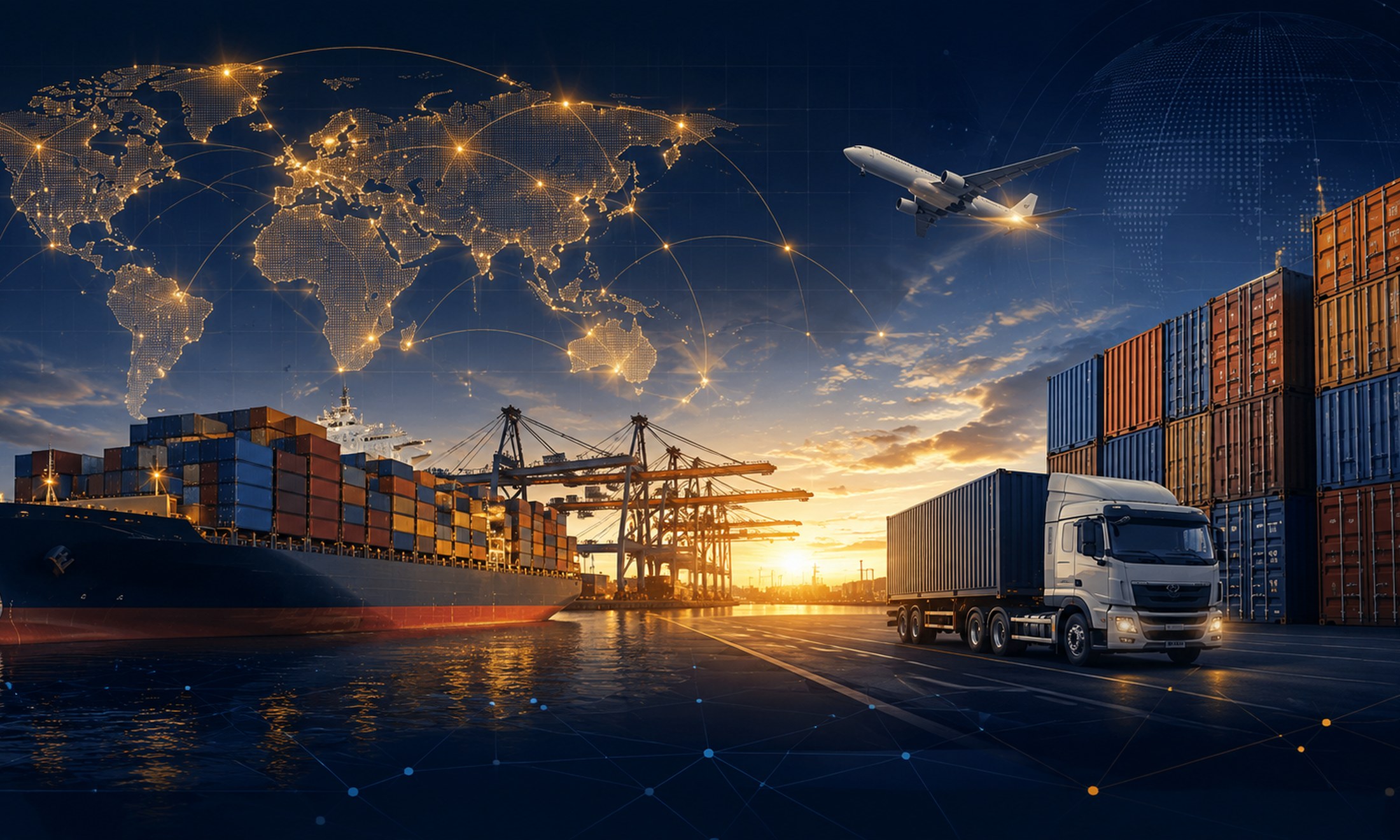 Global industrial trade corridor, container port and cargo vessel